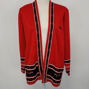 ELITEX New Zealand Fine Wool Blend Cardigan Red & Black with Suede Accents EUC